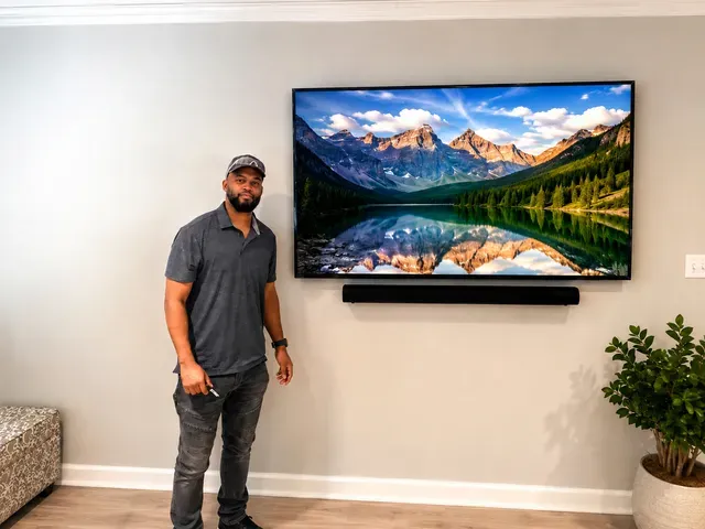 Man standing beside a wall-mounted TV showing a mountain lake landscape in a modern living room