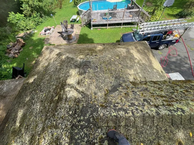 Steep mossy roof seen from above, with a blue pool and a driveway with a truck nearby.