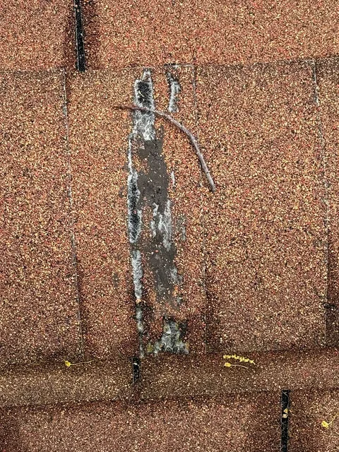 Damaged brown asphalt roof shingles with a dark vertical streak and a small stick.