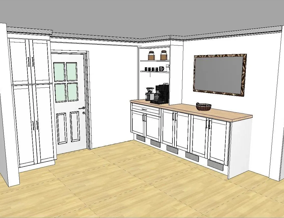 A drawing of a kitchen with white cabinets and a wooden floor