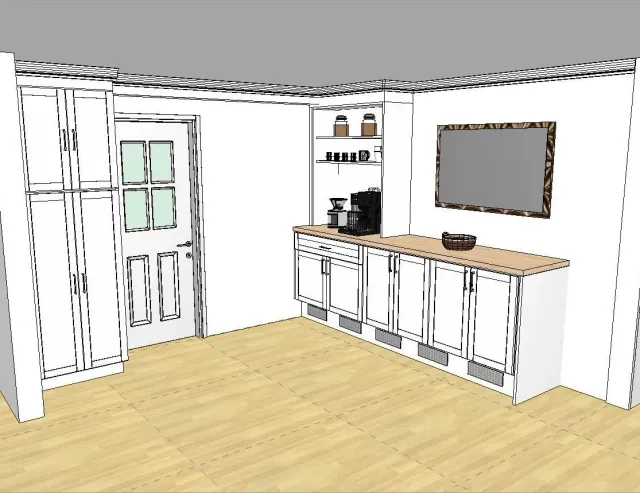 A drawing of a kitchen with white cabinets and a wooden floor