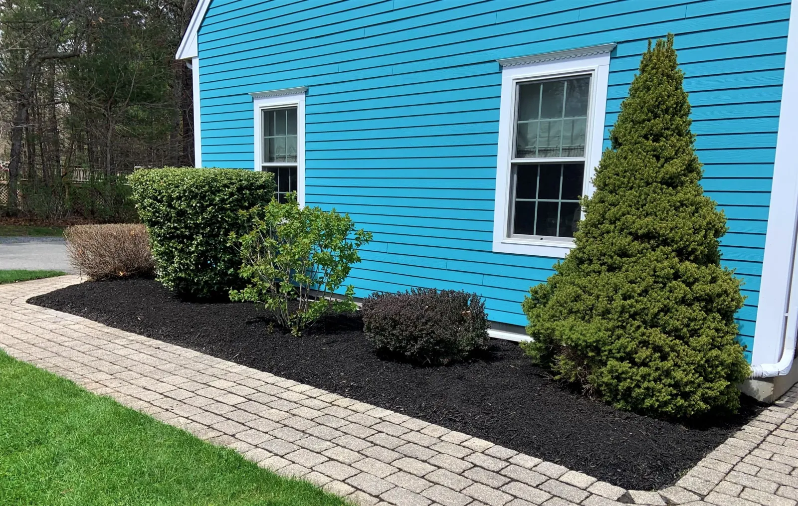 Blue house with white-framed windows, surrounded by a neatly landscaped garden with trimmed shrubs and a conical evergreen tree, adjacent to a cobblestone pathway and green lawn.