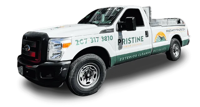 White Ford F-250 work truck with "Pristine Exterior Cleaning Specialists" logo and phone number (207-317-3810). Truck also has a website address: PristineRestorers.com.