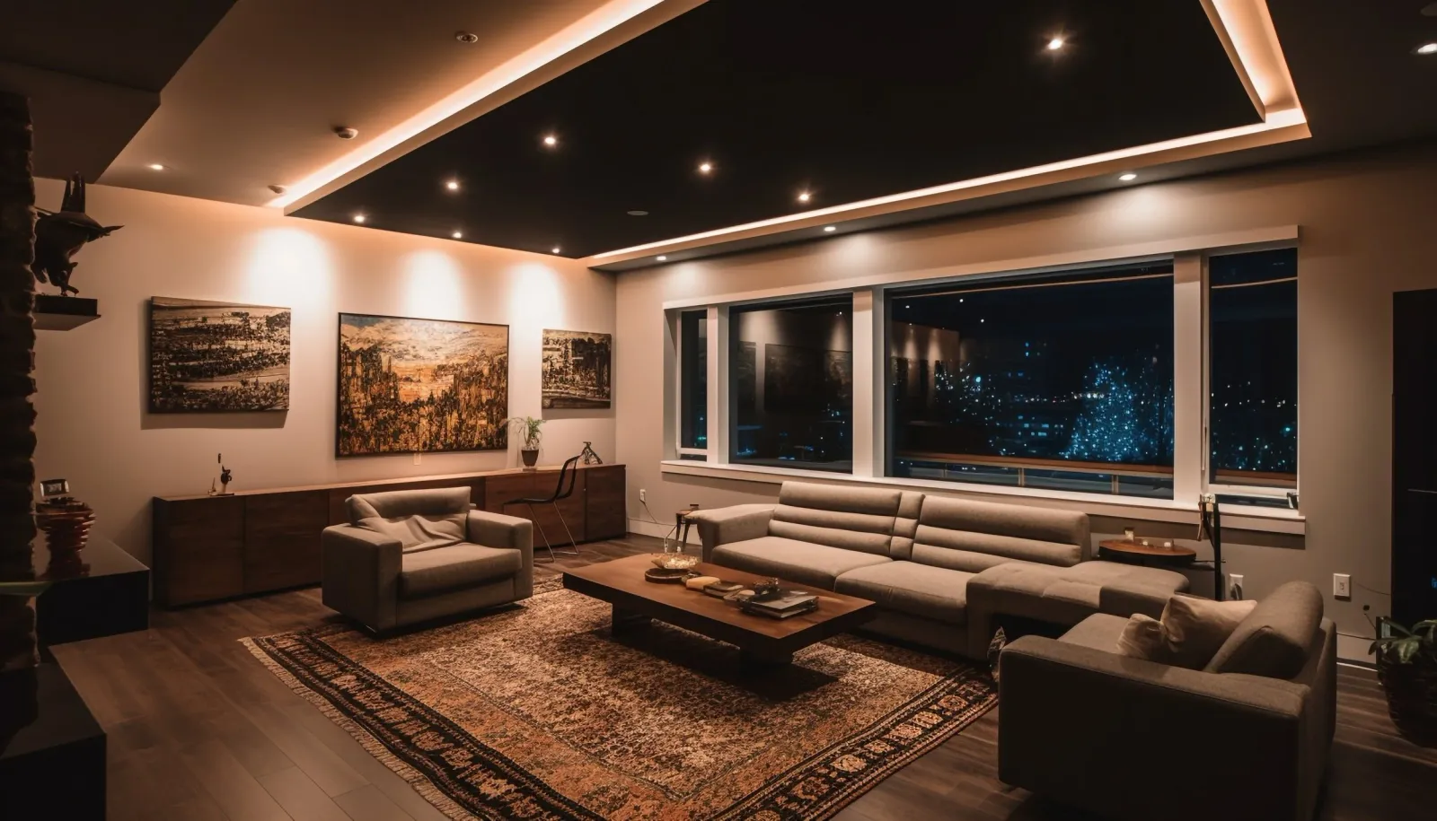 Modern living room at night with large windows, sectional sofa, armchair, wooden coffee table, decorative rugs, wall art, and warm ceiling lighting.