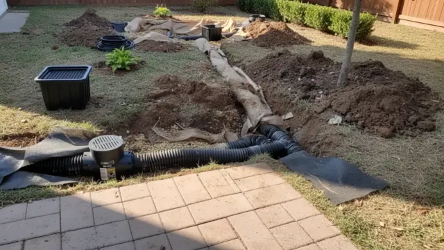 French drain system installed along foundation