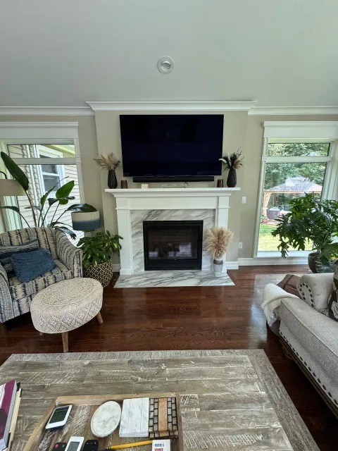 Bright living room with fireplace, wall-mounted TV, and large windows, plants, and upholstered seating.