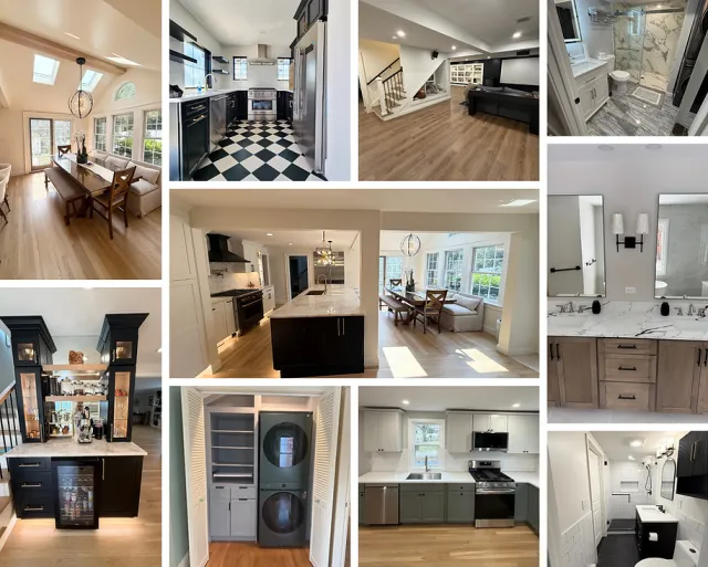 Collage showcasing completed projects, including remodeled bathrooms, kitchens, and home additions by Maize Restoration.