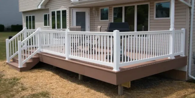 White-railed wooden porch deck attached to a beige house with steps leading down to the yard
