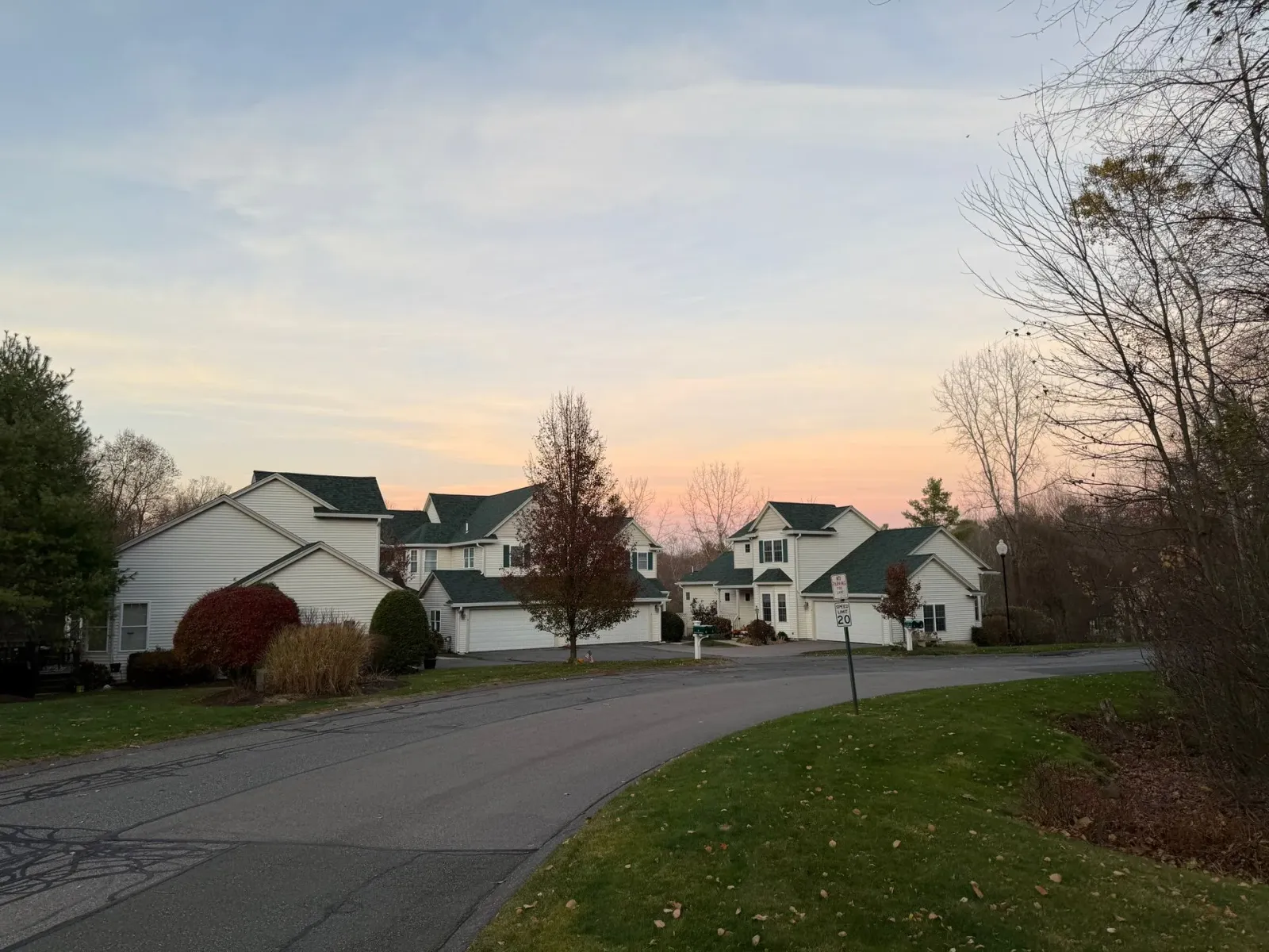 Suburban street at sunset with houses, trees, and a curved road under a pastel sky