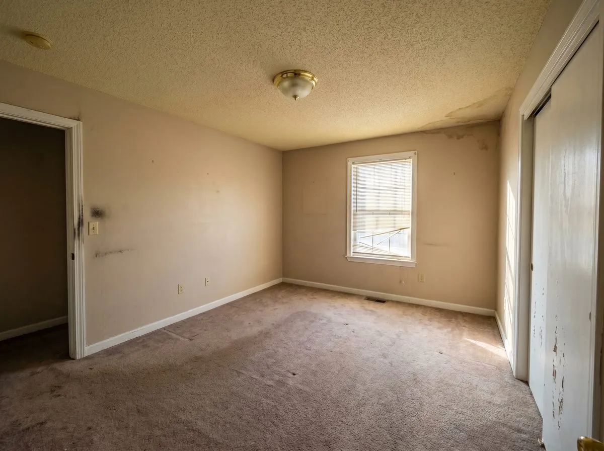 Aged guest bedroom with worn beige walls and water-stained ceiling — before professional repaint