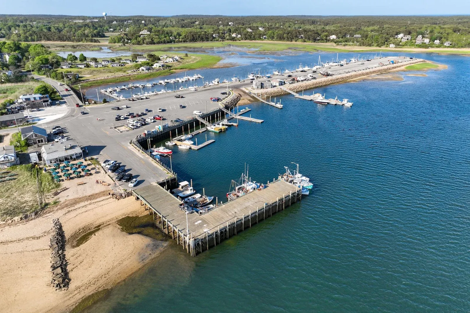 Aerial view of Wellfleet Harbor and the town pier, Wellfleet MA