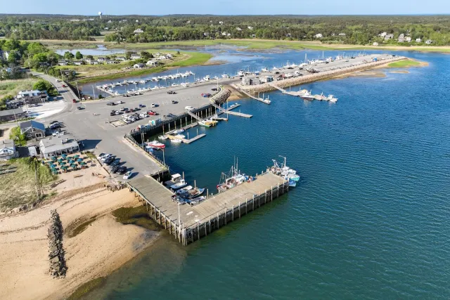 Aerial view of Wellfleet Harbor and the town pier, Wellfleet MA