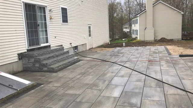 Modern paver patio with granite steps, Massachusetts