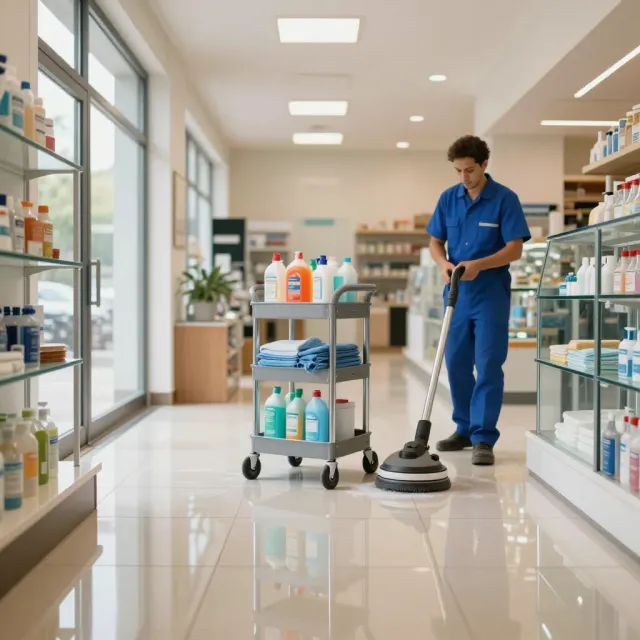 A business cleaning crew maintaining a spotless commercial space.