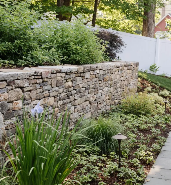 A landscaped backyard garden with a stone retaining wall, green shrubs, flowering plants, and a white fence in the background.
