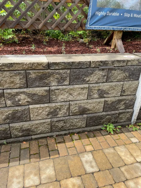 A low stone retaining wall with a gardening bed above it. The bed has some small plants and mulch, a lattice fence, and a blue banner. The ground in front is paved with bricks and concrete paving stones, with some greenery growing between the stones.