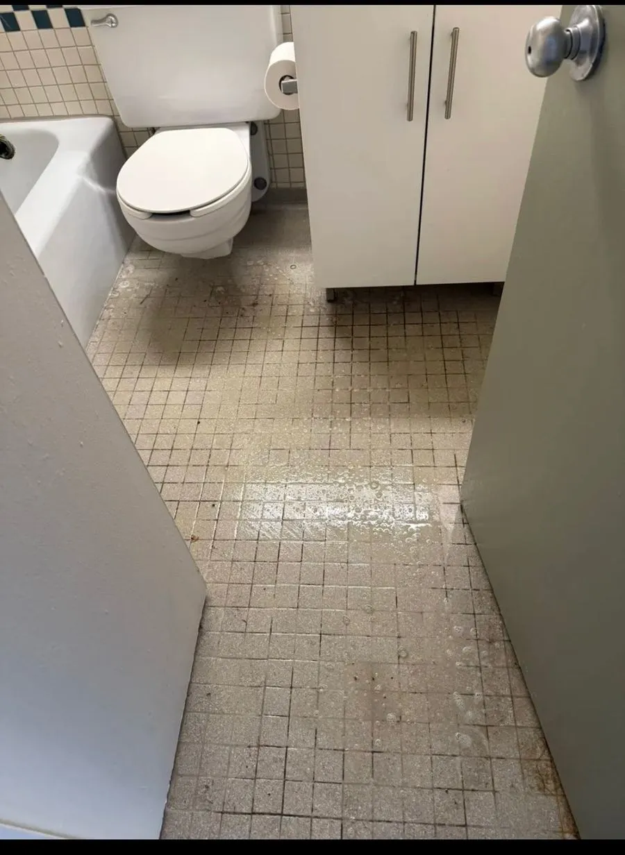 Bathroom tile floor dull and dirty before cleaning