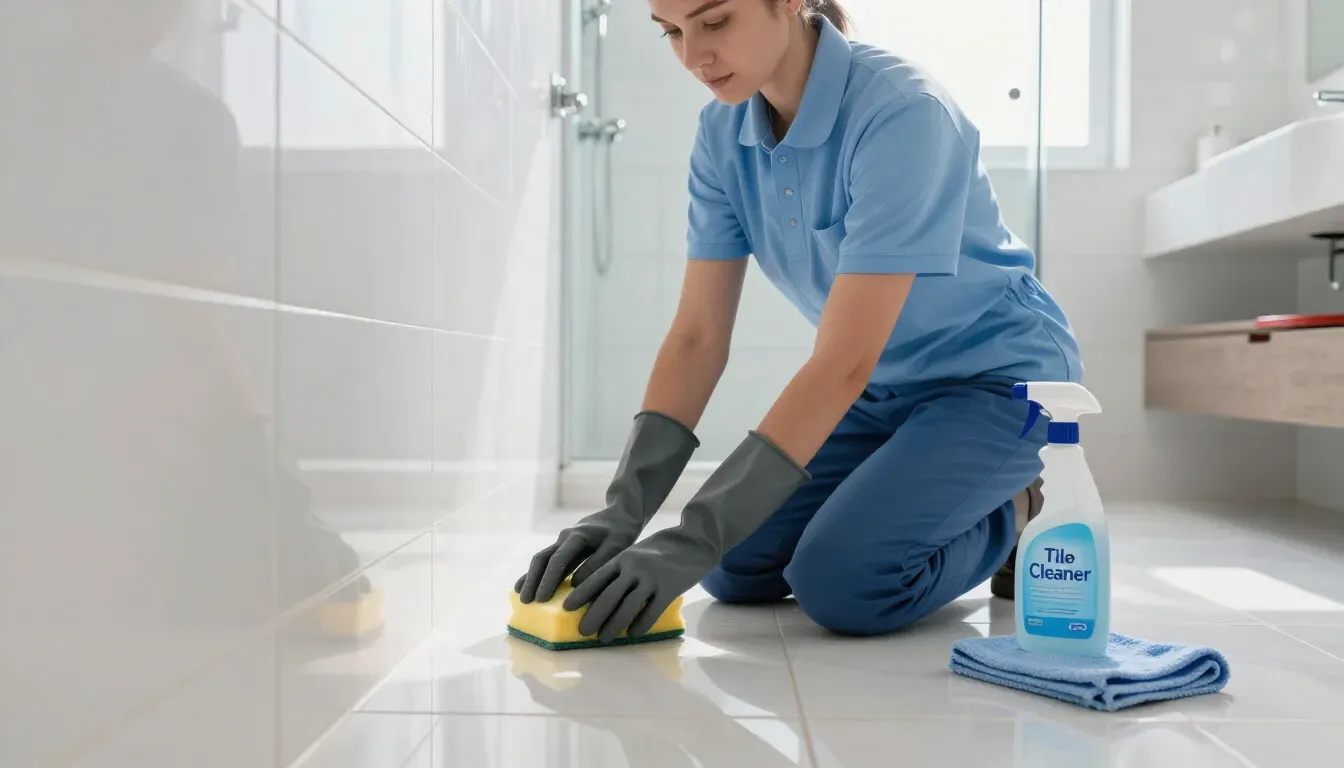 Deep cleaning detail work in a modern bathroom with tools and supplies.
