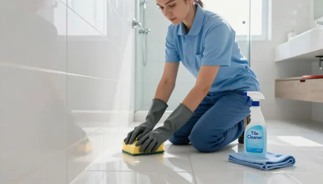 Deep cleaning detail work in a modern bathroom with tools and supplies.