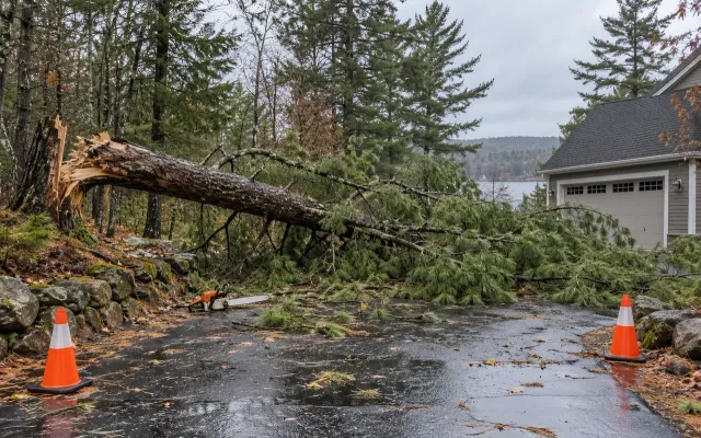 Storm-damaged pine blocking a residential driveway after rain