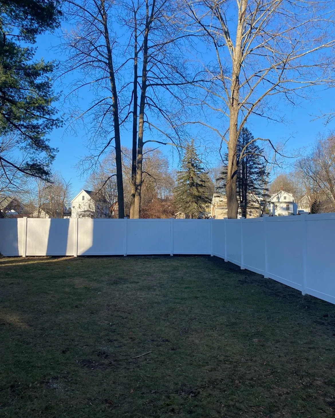 View of a backyard with a white privacy fence, leafless trees, and houses in the background under a clear blue sky during winter.