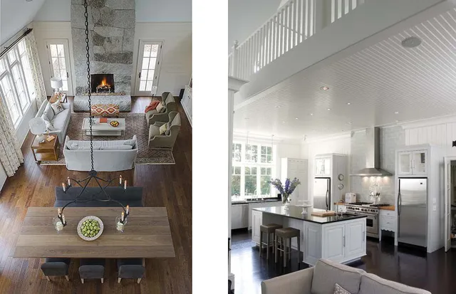 A living room and kitchen with white walls