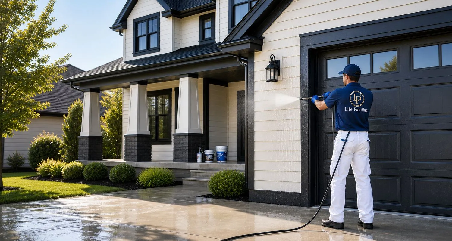Life Painting worker power washing house siding away from protected landscaping