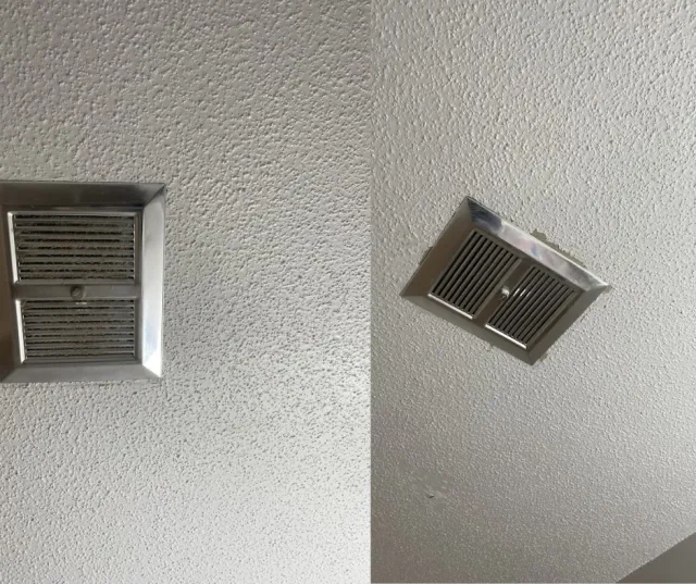 Peaceful cleaning before and after cleaned metal air vents on a textured ceiling