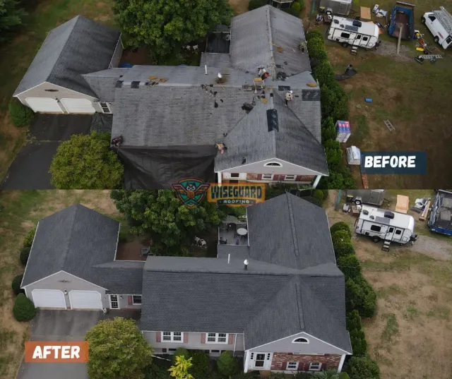 Before and after aerial view of a house roof replacement with new dark gray shingles.