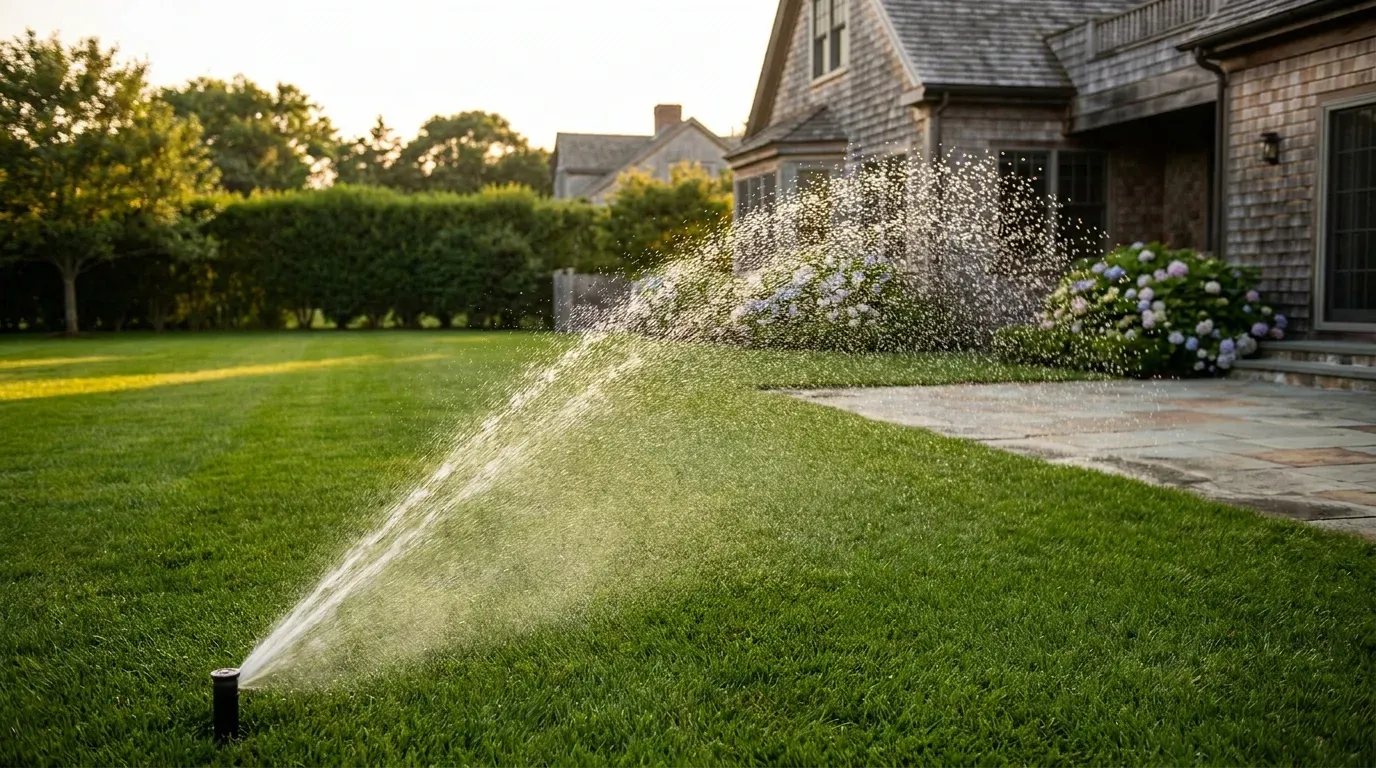 Lawn sprinkler watering a lush green lawn at golden hour