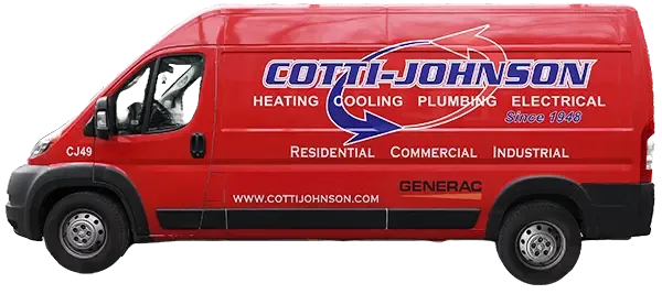 Cotti-Johnson red service van showcasing HVAC services including heating, cooling, plumbing, and electrical, emphasizing reliability in Mansfield, MA.