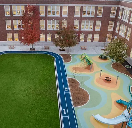 Colorful new playground and track at Sarah Roberts School in Roslindale, MA Crowley Cottrell LLC Landscape Architecture