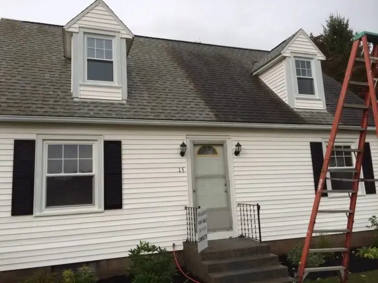 House roof showing side by side before and after roof cleaning
