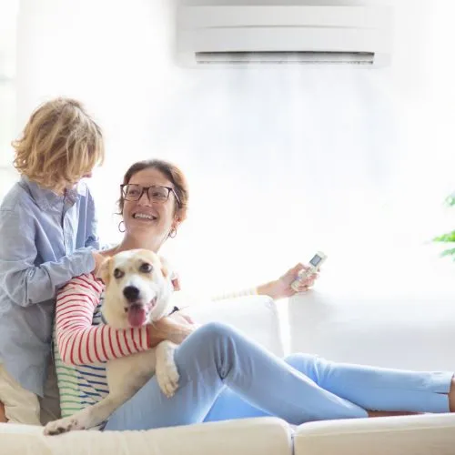 A mom and her child and dog sit together on the couch, enjoying their high-quality home air conditioning.