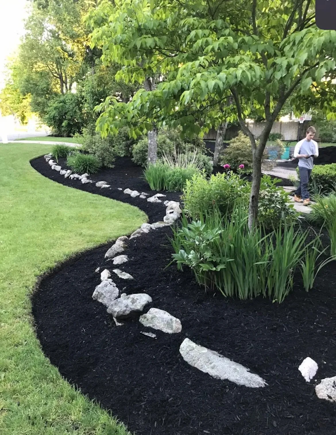 Landscaping with decorative rock borders and plantings