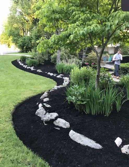 Landscaping with decorative rock borders and plantings