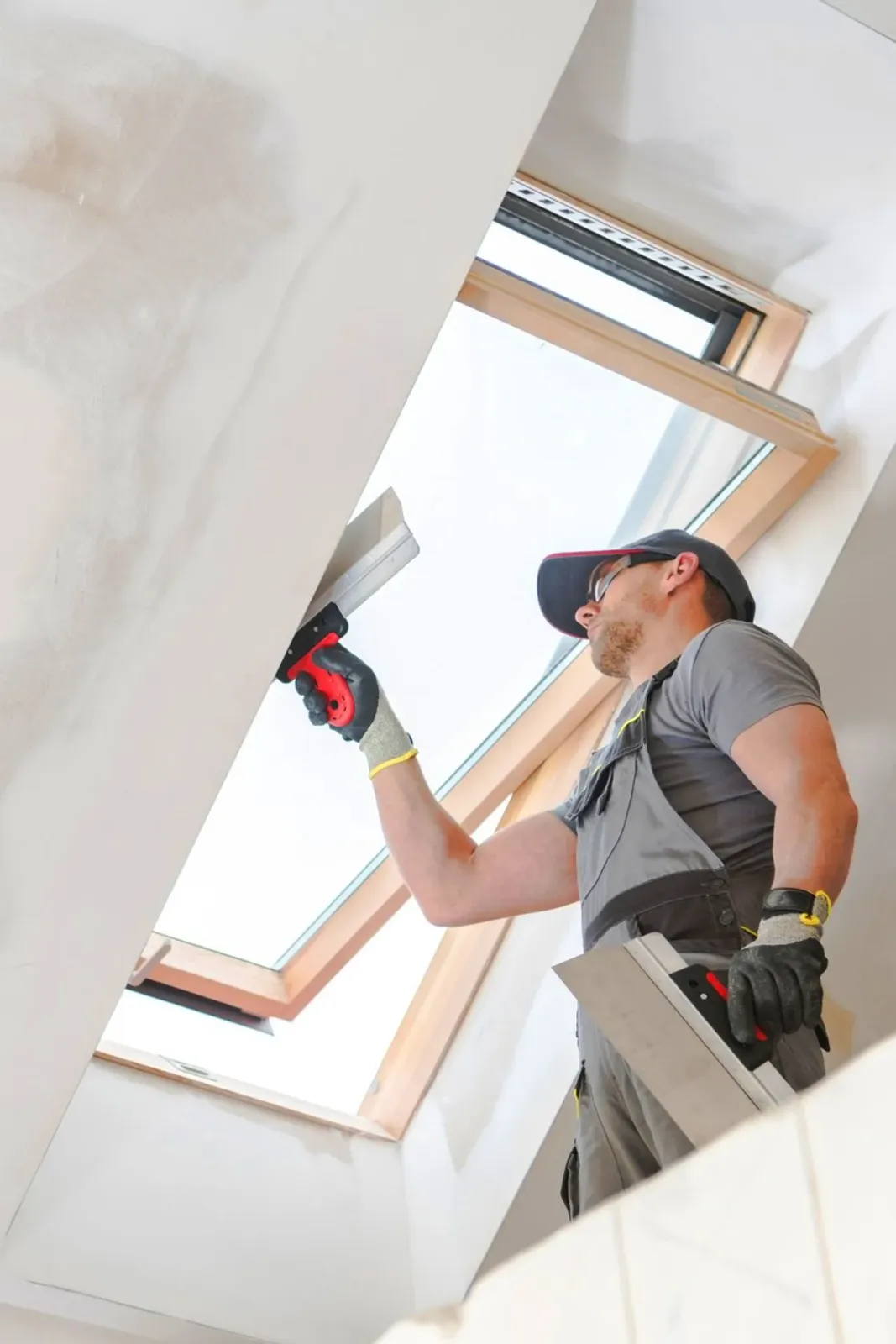 A man is plastering a ceiling in a room with a skylight.