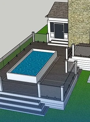 3D model of a backyard with a pool and patio area.