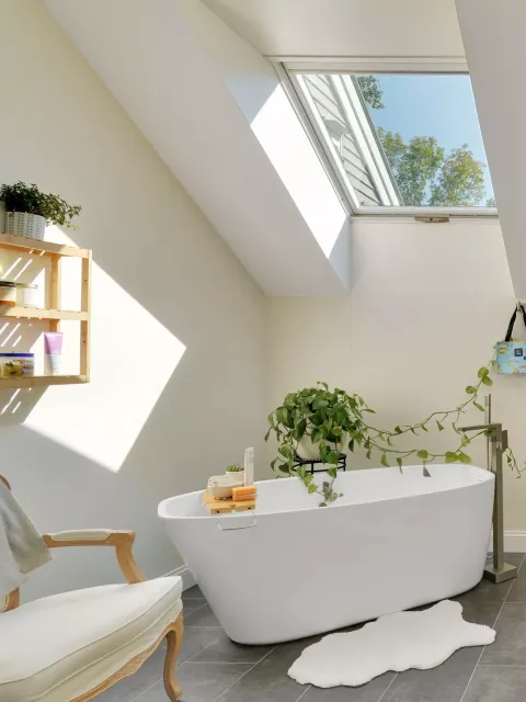 Bright bathroom with a freestanding tub, plants, and a skylight.