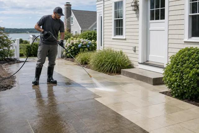 Professional power washing a residential walkway