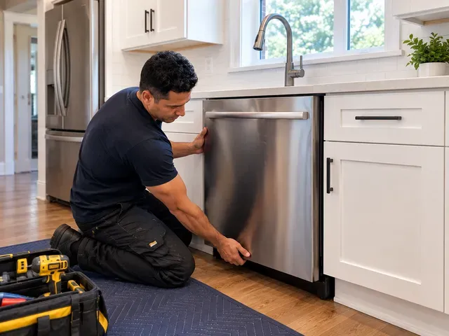 Person kneeling to repair a stainless steel dishwasher in a bright kitchen