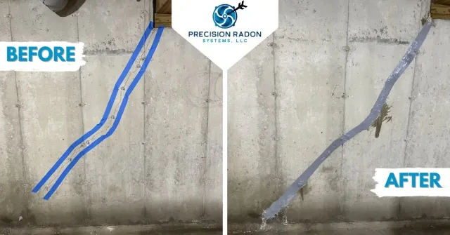 Comparison of a crack in a concrete foundation wall showing before and after repair, with the words 'Before' and 'After' labeling each side, and a logo for Precision Radon Systems, LLC at the top.