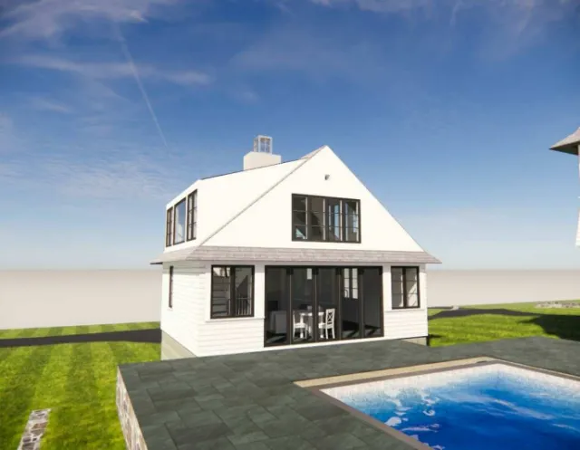 A two-story house with large windows, white siding, and a gabled roof, situated next to a pool with a concrete deck, under a clear blue sky.