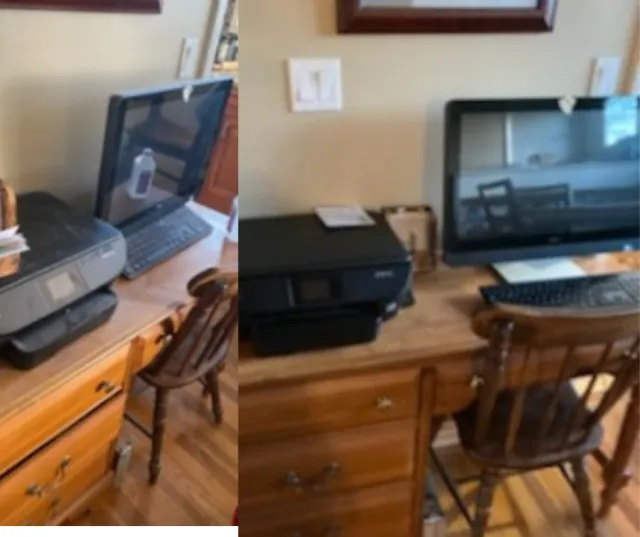 Peaceful cleanings cleaned Two wooden desks each with a computer monitor, keyboard, and printer, positioned alongside wooden chairs, in a room with wooden flooring and beige walls.