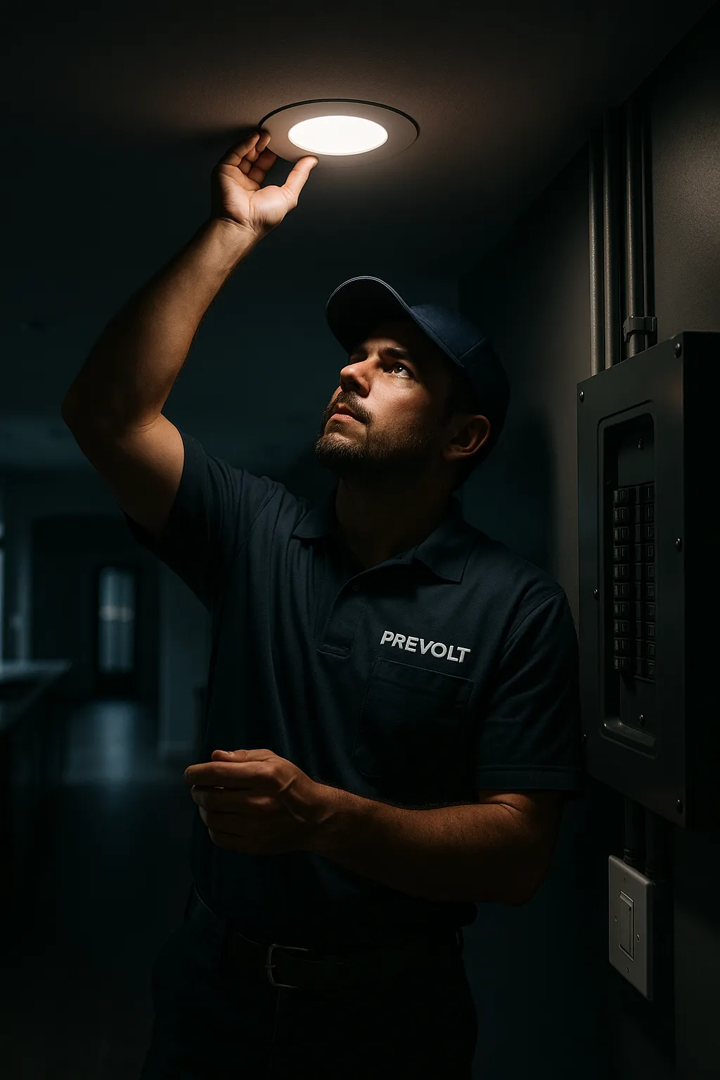 Prevolt Electric technician adjusting LED lighting in a dark, modern Windsor Locks home—clean wiring, code-compliant installation.