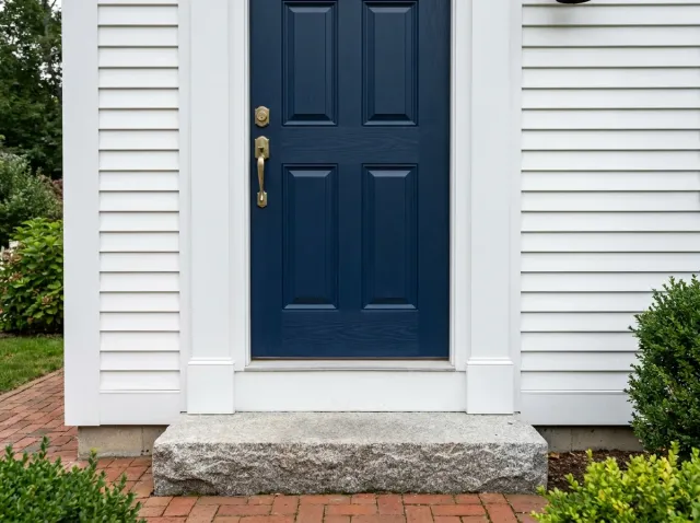 Navy blue fiberglass entry door with white trim and a granite step