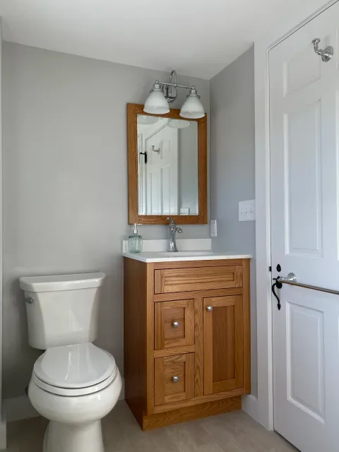 Bathroom with a toilet, wooden vanity with a sink, mirror, and white door.