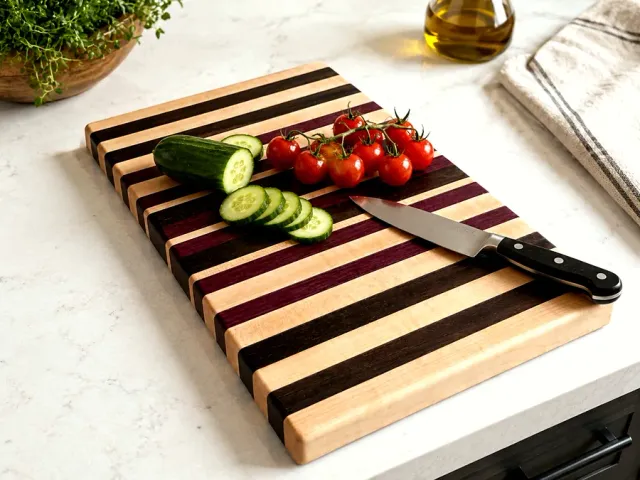 Striped handmade wooden cutting board styled with fresh vegetables and a chef's knife
