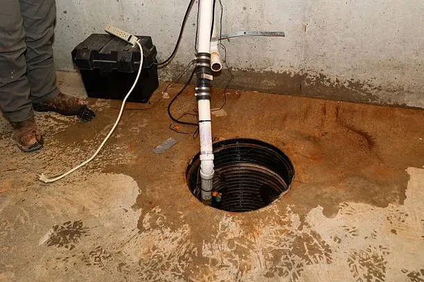 Basement sump pit with pipes and pump on a concrete floor, with a person’s legs at left.