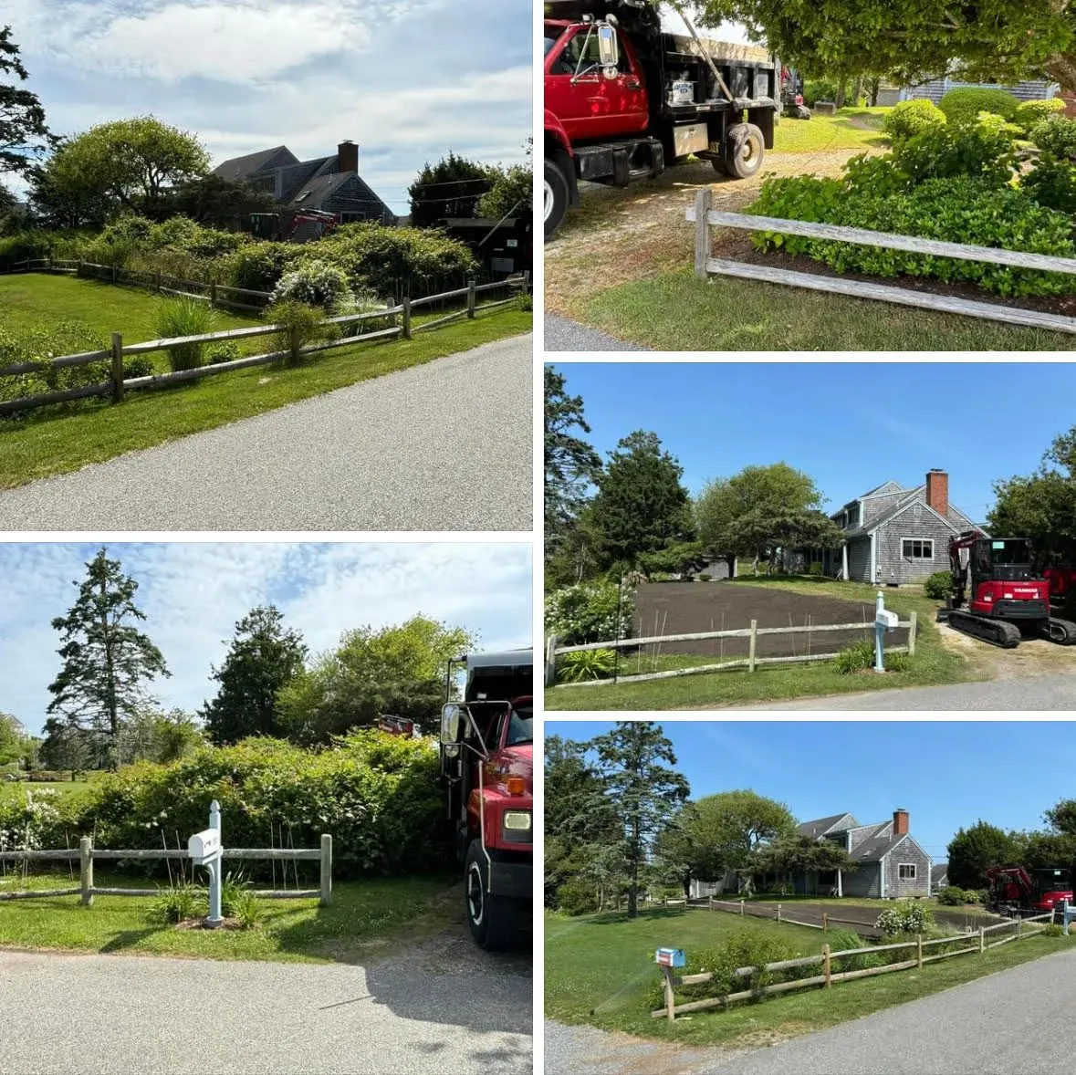Five photos of a home with a split-rail fence, truck, and greenery under a blue sky.
